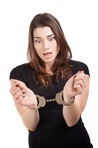 Young beautiful woman with handcuffed hands, isolated — Stock Photo, Image