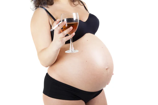 Pregnant woman holding wine and cigarette, isolated — Stock Photo, Image