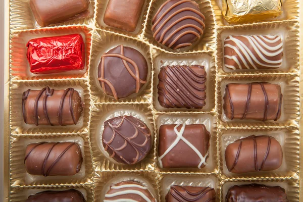 Box of various chocolate candies — Stock Photo, Image