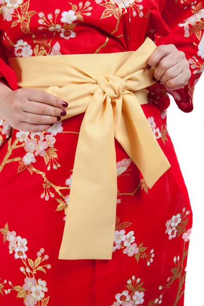 Gelbe Schleife auf traditioneller japanischer Kleidung aus Kimono, Yukata — Stockfoto