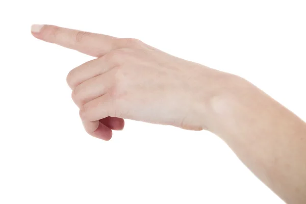 Femme main touchant écran virtuel. Isolé sur blanc — Photo