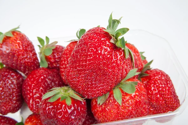 Frische Erdbeeren in der Plastikschale — Stockfoto