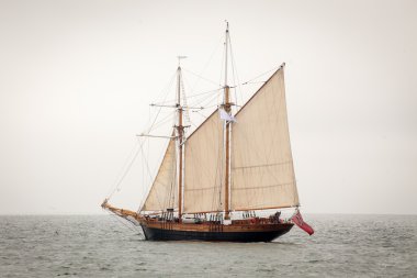 Old ship with white sales, sailing in the sea clipart