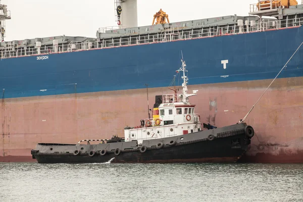 Tug boat assisting huge ship in port — Stock Photo, Image