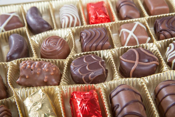 Box of various chocolate candies — Stock Photo, Image