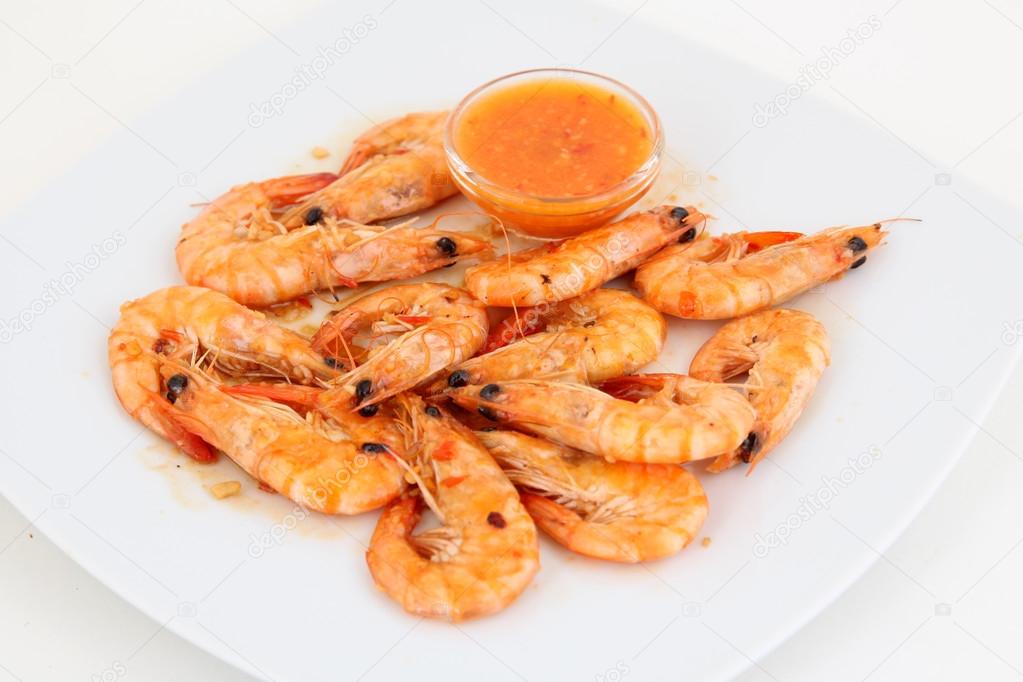 Fresh organic shrimp platter with red sauce