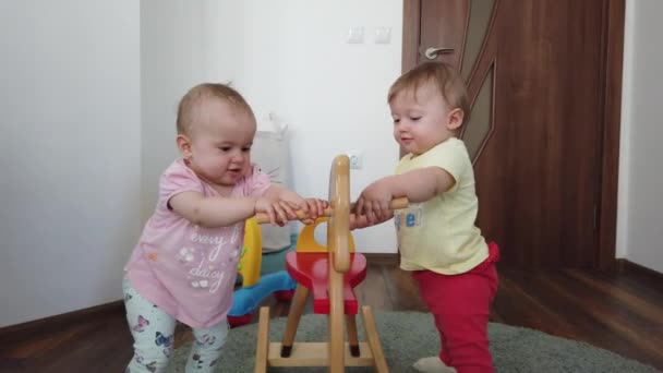 木製のロッキングホースのために戦っている2人の姉妹 — ストック動画