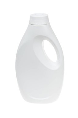 Sıvı çamaşır deterjanı için plastik beyaz şişe, sıvı yumuşatıcı, temizlik maddesi, çamaşır suyu veya kumaş yumuşatıcı, izole edilmiş.