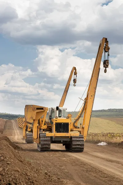 Heavy Machinery Gas Pipeline Construction Site Pipelaying Crane — Stock Photo, Image