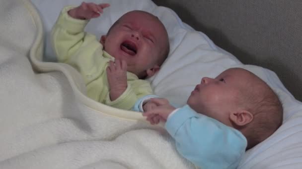 Duas Irmãs Estão Deitadas Cama Dois Bebês Gêmeos Cama Chorando — Vídeo de Stock