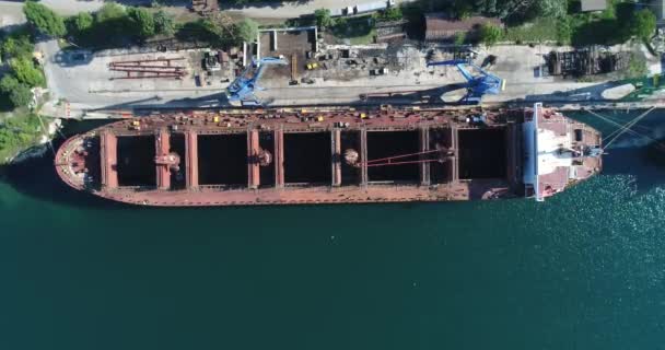 Aerial Top View Crane Cargo Ship Harbour Repairing Loading — Stock Video