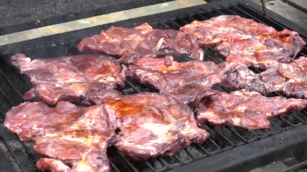 Bifes Saborosos Churrasco Carne Durante Grelha Movimento Lento — Vídeo de Stock