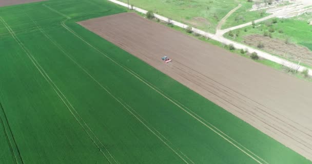 Aerial View Tractorsowing Agriculture Area — Stock Video