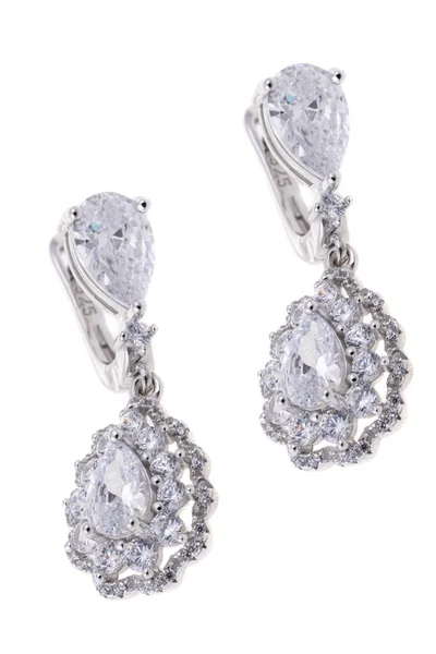 Boucles Oreilles Diamant Isolées Sur Blanc Bijoux — Photo