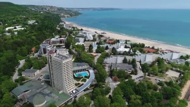 Uitzicht Vanuit Lucht Het Strand Hotels Albena Bulgarije Albena Een — Stockvideo