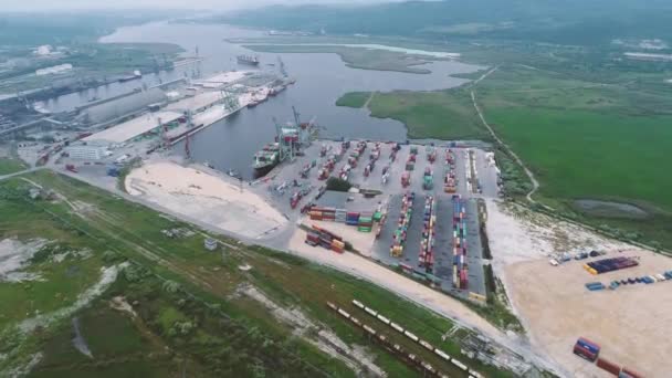 Imagens Aéreas Terminal Contentores Portuários Porto Carga Industrial Com Navios — Vídeo de Stock