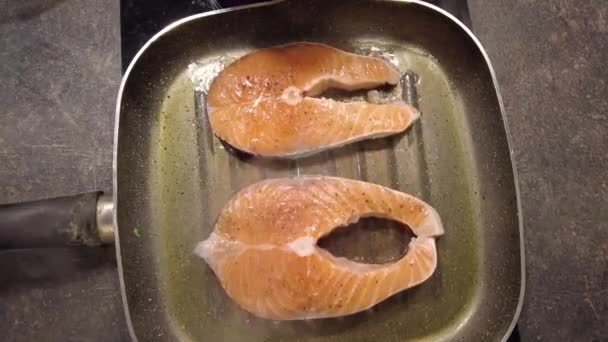 Cooking Salmon Steak Fish Frying Pan Healthy Food — Stock Video