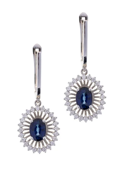 Paire Boucles Oreilles Blanc Avec Diamants Saphir Saphir Bleu Bijoux — Photo