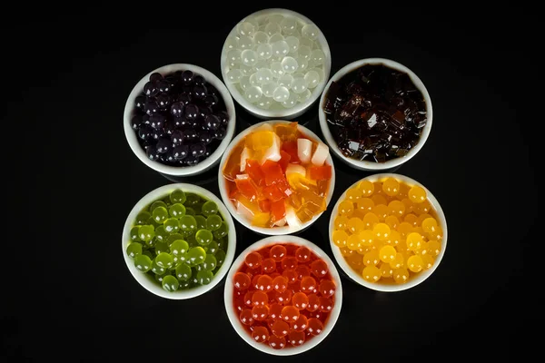 Pérolas Tapioca Diferentes Para Chá Bolha Arranjo Ingredientes Chá Bolha — Fotografia de Stock