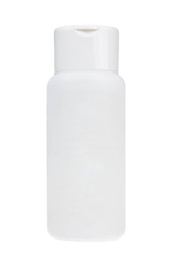 Güneş kremli beyaz şişe, izole edilmiş. Beyaz kozmetik plastik şişe, şampuan, duş jeli