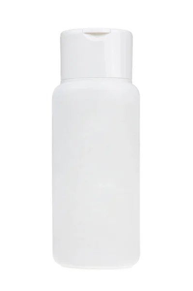 Garrafa Branca Com Creme Bronzeado Isolada Frasco Plástico Cosmético Branco — Fotografia de Stock