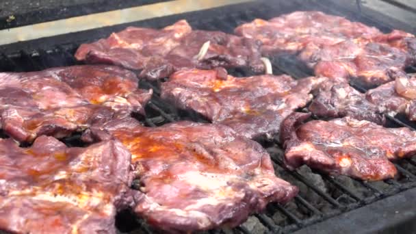 Tutup Steak Lezat Atas Panggangan Daging Saat Barbekyu Gerakan Lambat — Stok Video