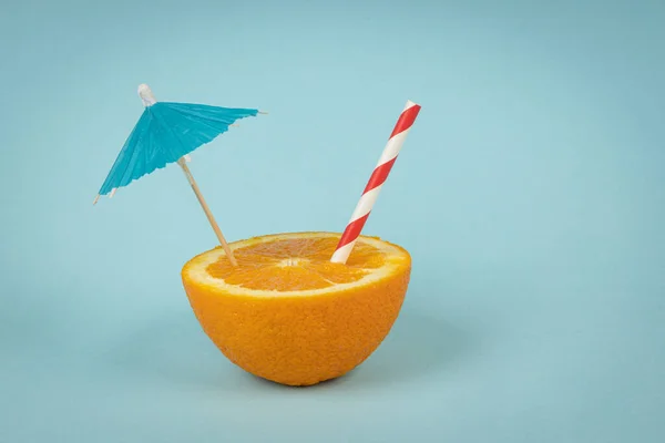 Orange Cut Half Straw Umbrella Blue Background Summer Concept — Stock Photo, Image