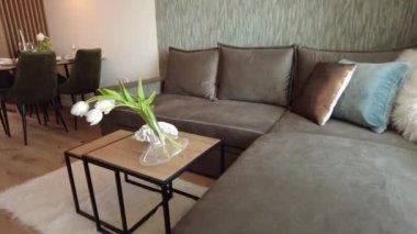 İç mekan. Modern mutfak ve oturma odası manzarası. 