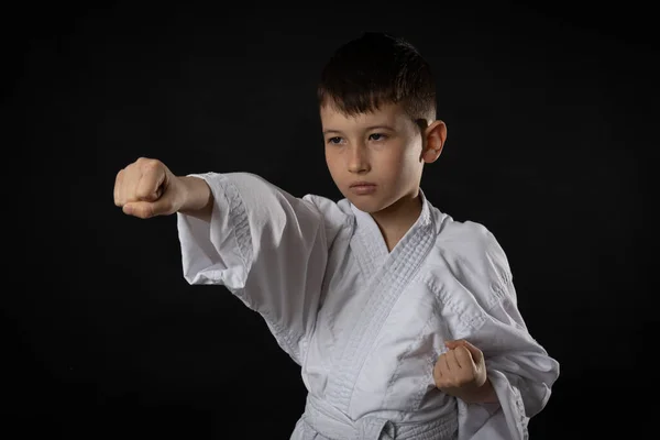 Boy Fighting Position White Kimono Aikdo — Foto de Stock