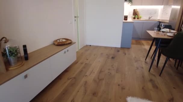 Innenraum Blick Auf Moderne Küche Und Wohnzimmer Mit Tisch Zum — Stockvideo
