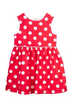 Elegant light children summer dresse. Red and white polka dot dress, isolated on white