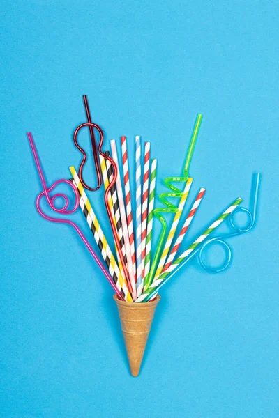 Ice Cream Cone Colorful Drinking Straws Blue Background Drinking Cocktail — Stockfoto