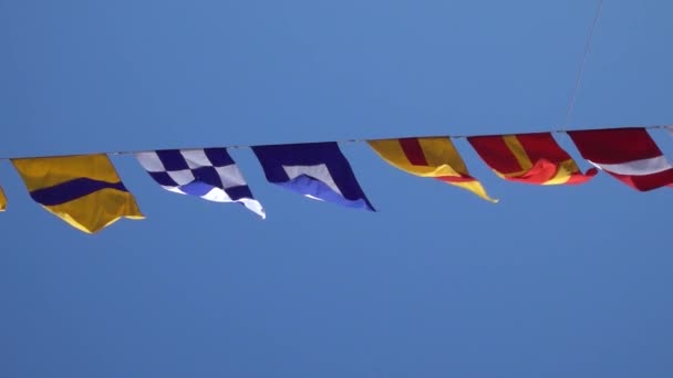 Various Nautical Flags Tied Together Rope Ship Flags Signals Morse — Stok video