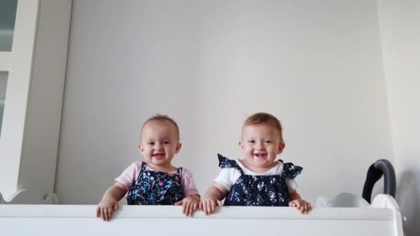Δύο Αδελφικές Δίδυμες Αδερφές Διασκεδάζουν Στην Κούνια Δύο Μωρά Στέκονται — Αρχείο Βίντεο