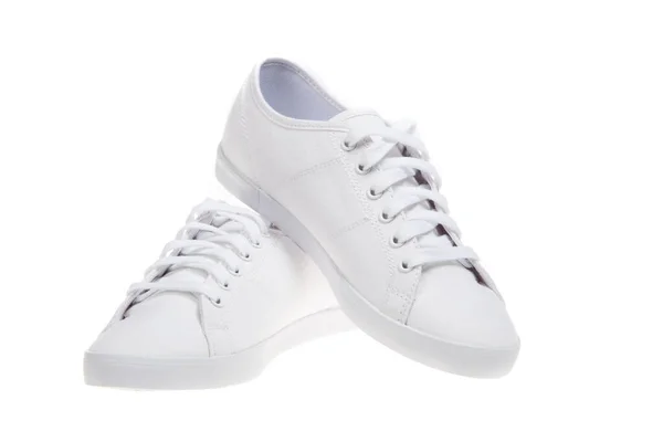 Paar Nieuwe Witte Sneakers Geïsoleerd Witte Achtergrond — Stockfoto