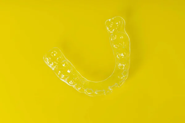 Invisible Orthodontics Cosmetic Brackets Yellow Background Tooth Aligners Beautiful Smile — Stock Photo, Image
