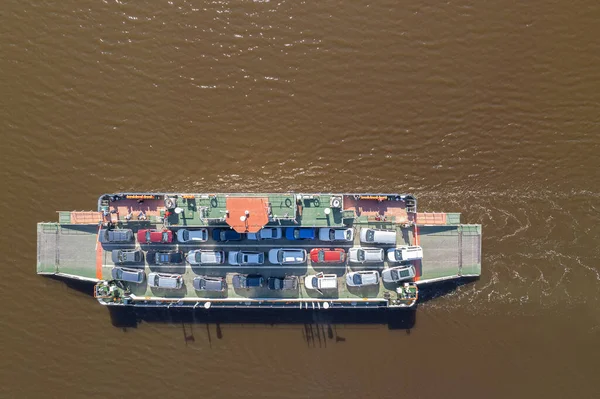 Vista Cima Para Baixo Barco Vela Ferryboat Transferência Carros Ferry — Fotografia de Stock