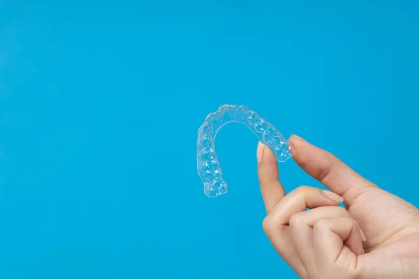 Woman Hand Holding Invisible Tooth Brackets Dental Healthcare Orthodontic Concept — Photo