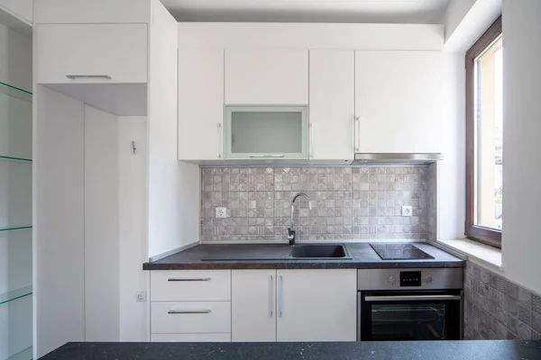 Nieuwe Moderne Lege Witte Keuken Nieuw Huis Interieurfotografie — Stockfoto