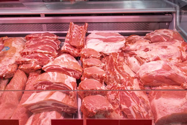 Primo Piano Carne Supermercato Carne Cruda Macelleria — Foto Stock