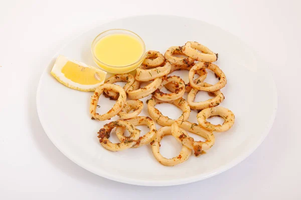 Calamari Rings Squid Rings Sauce Lemon — Stock Photo, Image