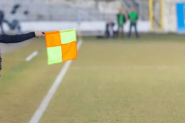 Soccer Referee Hold Flag Offside Trap — Stock Photo, Image