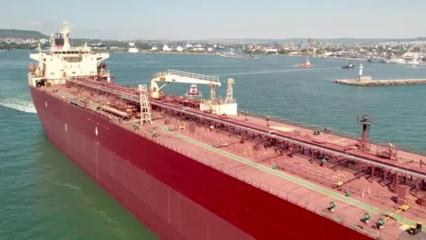 Aerial View Red Oil Tanker Leaves Port Tanker Ship Logistic — Wideo stockowe
