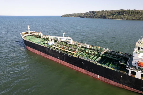 Aerial View Big Oil Chemical Tanker Leaves Port Tanker Ship — Foto de Stock