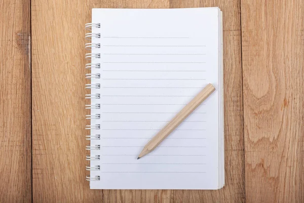 Open Notebook Lined Paper Pencil Wooden Background — Fotografia de Stock