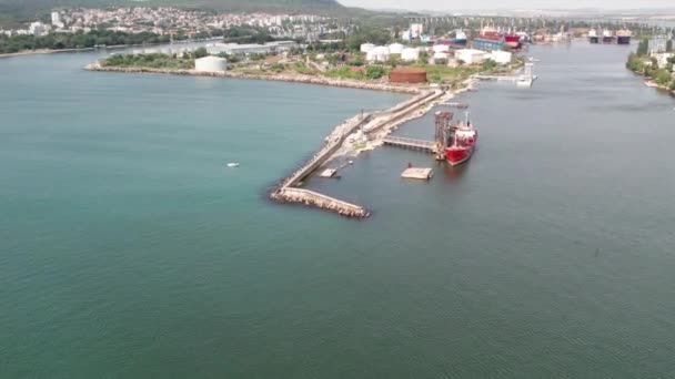 Red Tanker Ship Loading Unloading Oil Gas Storage Industrial Dock — Stock video