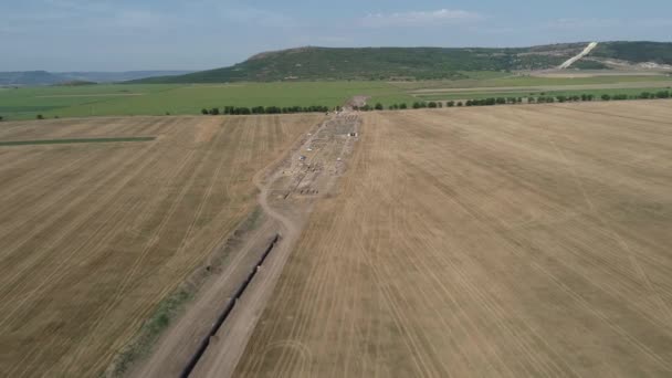 Aerial View Gas Oil Pipeline Construction Archaeological Excavation Big Pipeline — Stockvideo