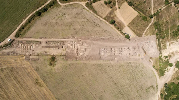 Archaeological excavation. Aerial view of the archaeological excavations and archaeologist camp.