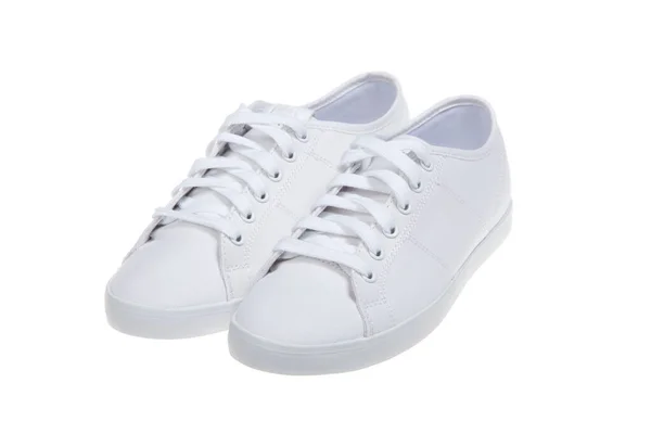 Paar Nieuwe Witte Sneakers Geïsoleerd Witte Achtergrond — Stockfoto