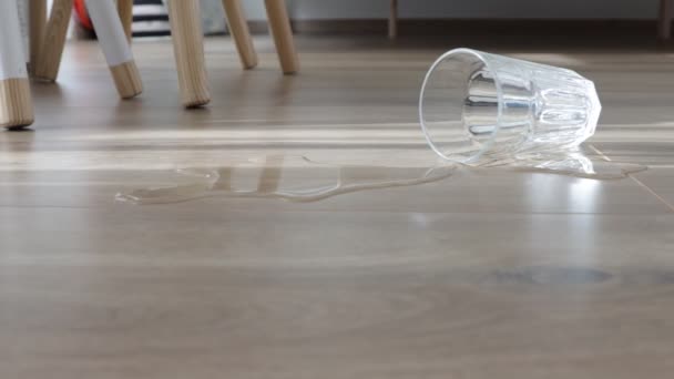 Glass Water Spilled New Laminate Floor Wood — Stock Video